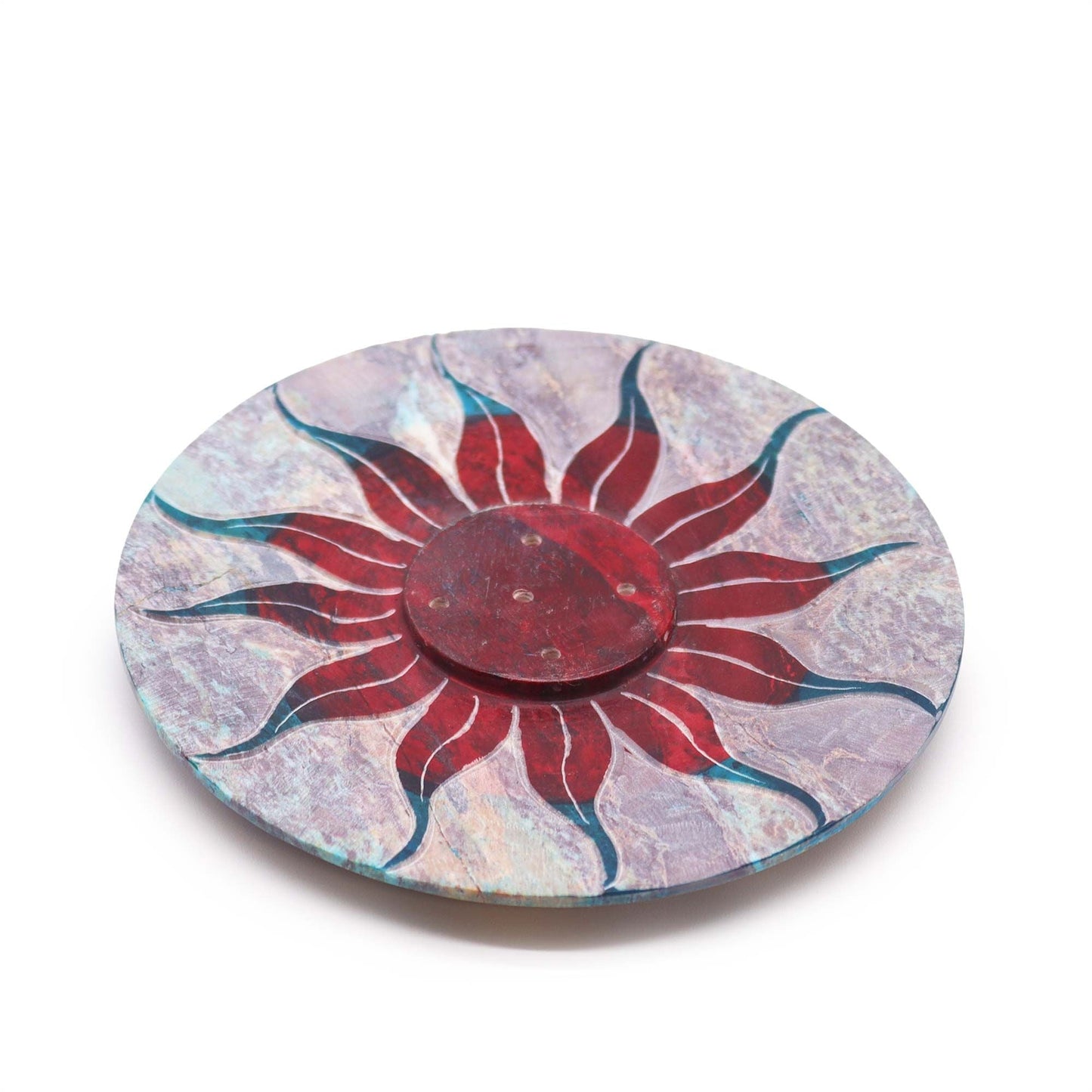 Polished Soapstone Disc Incense Holder - Sun Flower (5 stick holder) featuring natural patterning and unique variations - Luna Panther