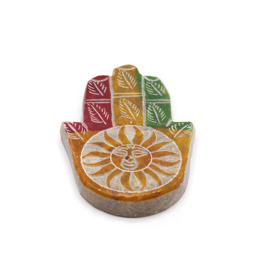 Polished Soapstone Hamsa Incense Holder - Sun Face featuring natural patterning and unique variations - Luna Panther