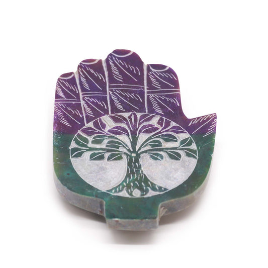 Polished Soapstone Med Hamsa Incense Holder - Tree of Life featuring natural patterning and unique variations - Luna Panther