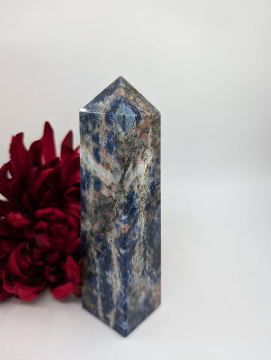 Polished Sodalite Crystal Tower 495g featuring navy-blue tone with white veining - Luna Panther