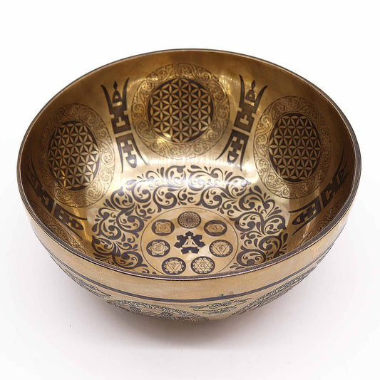 Polished Tibetan Healing Engraved Bowl - 21cm - 7 Chakra & Flower of Life featuring natural patterning and unique variations - Luna Panther