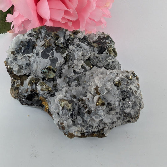 Natural Transparent Quartz with Pyrite Specimen 530g featuring metallic gold lustre and cubic sparkle - Luna Panther