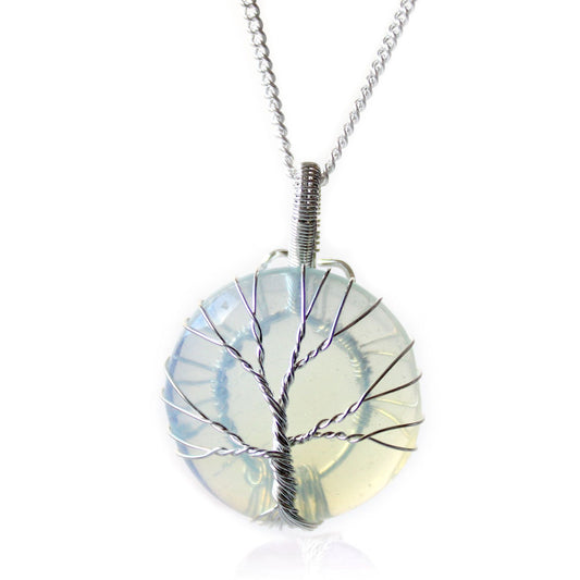Polished Tree of Life Gemstone Necklace - Opalite featuring milky opalescent glow and smooth finish - Luna Panther