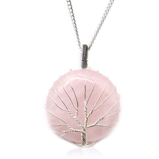 Polished Tree of Life Gemstone Necklace - Rose Quartz featuring soft pink tone and gentle translucence - Luna Panther