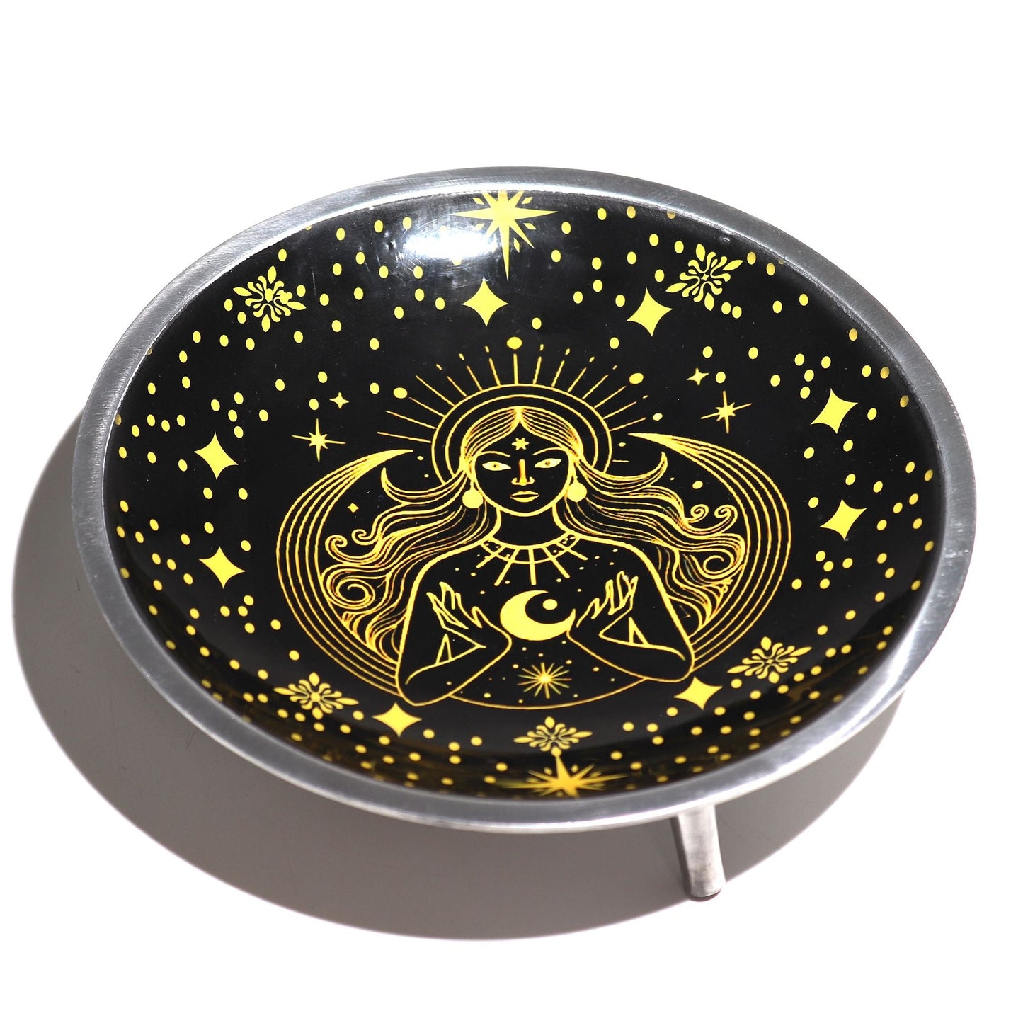 Triple Leg Enamelled Offering Plate - Gold Goddess on Black - Luna Panther