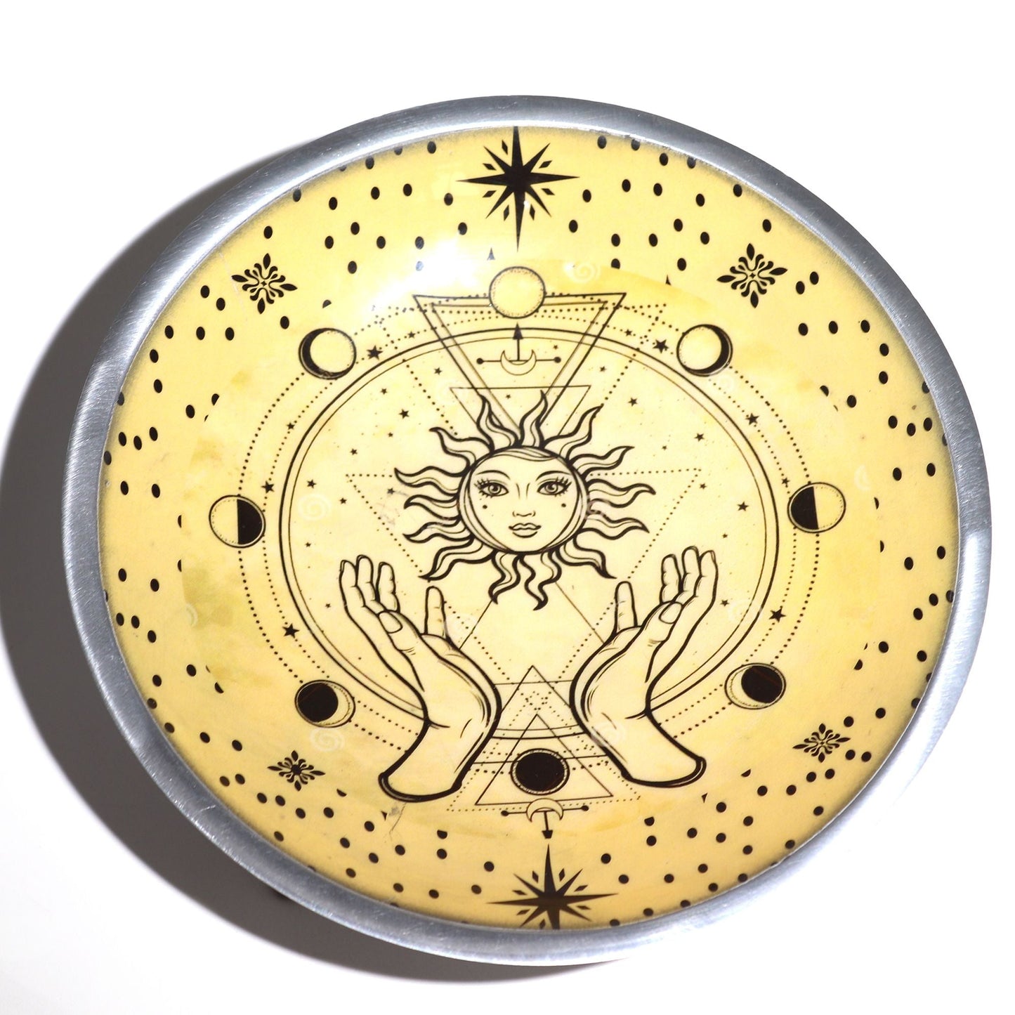 Triple Leg Enamelled Offering Plate - Hands & Sun - Luna Panther