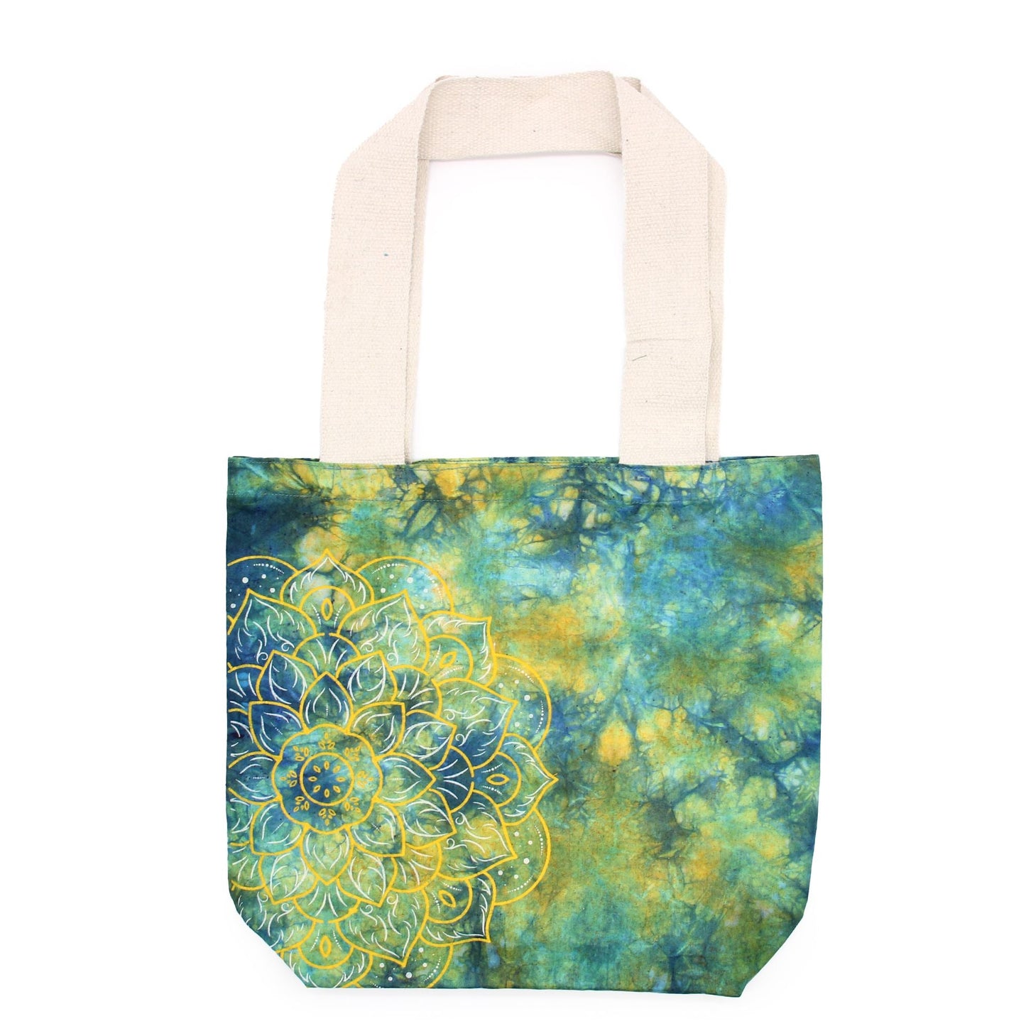 Polished Tie-Dye Cotton Bag (6oz) - 38x42x12cm - Mandala - Green/Blue - Natural Handle featuring natural patterning and unique variations - Luna Panther