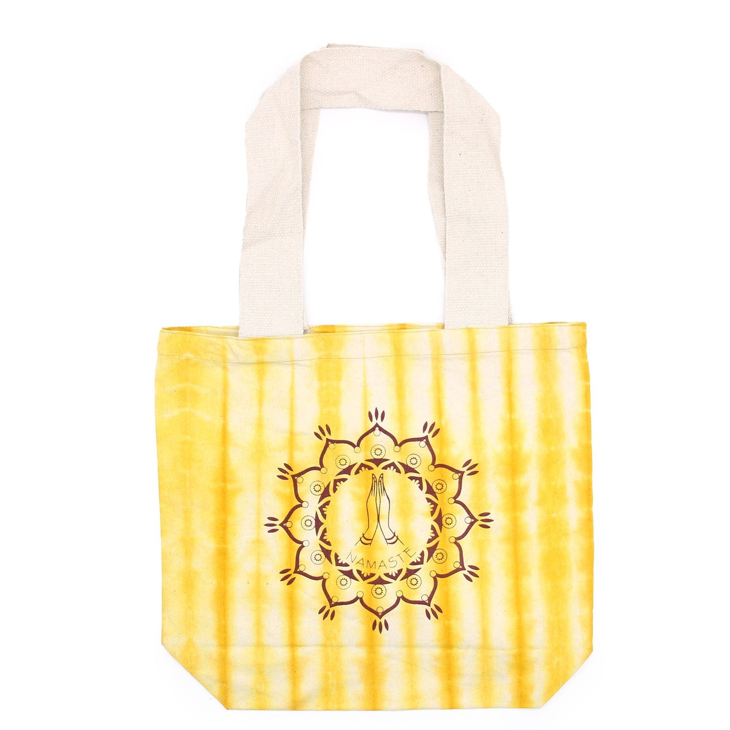 Polished Tie-Dye Cotton Bag (6oz) - 38x42x12cm - Namaste Hands - Yellow - Natural Handle featuring natural patterning and unique variations - Luna Panther