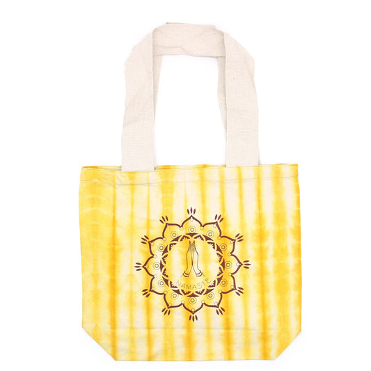 Polished Tie-Dye Cotton Bag (6oz) - 38x42x12cm - Namaste Hands - Yellow - Natural Handle featuring natural patterning and unique variations - Luna Panther