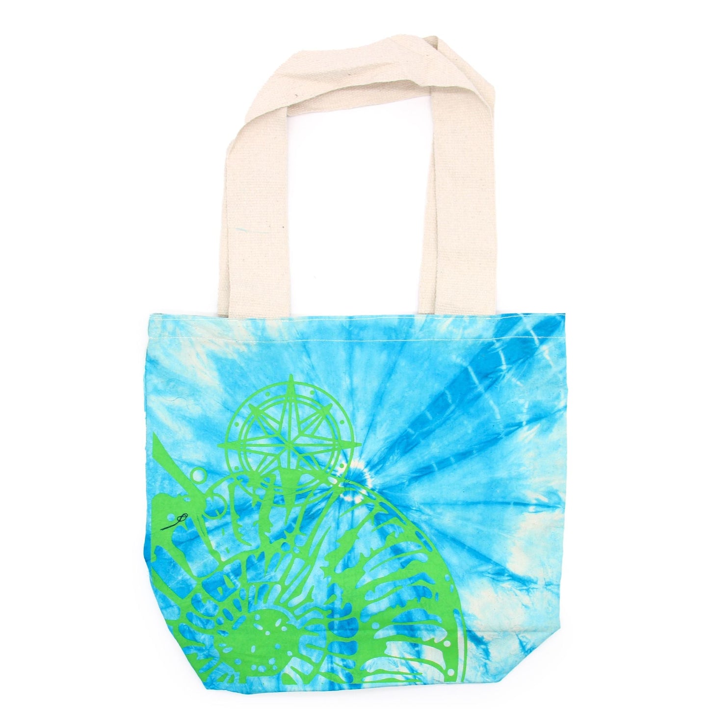 Polished Tie-Dye Cotton Bag (6oz) - 38x42x12cm - Sea Shell - Blue/Green - Green Handle featuring natural patterning and unique variations - Luna Panther