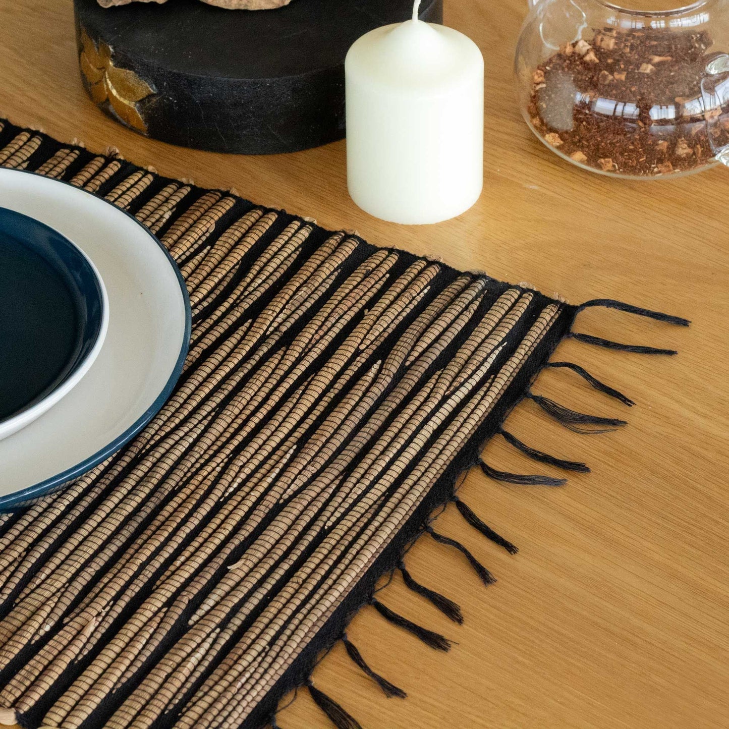 Water Hyacinth Natural Placemat - Black Tiger with Fringe - Luna Panther