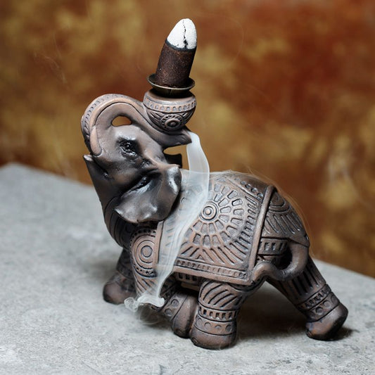 Polished Wood Effect Elephant Backflow Incense Burner featuring natural patterning and unique variations - Luna Panther alternate view