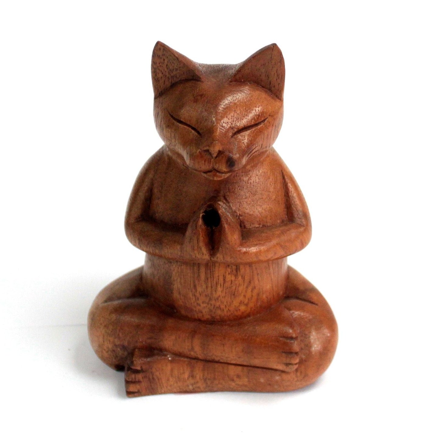 Polished Wooden Carved Incense Burners - Med Yoga Cat featuring natural patterning and unique variations - Luna Panther