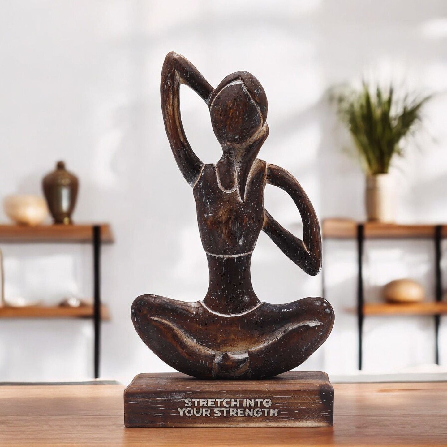 Wooden Yoga Lady – Antique – Cow Face Pose – "Stretch into Your Strength" — sculptures & statues, image 3 of 3.