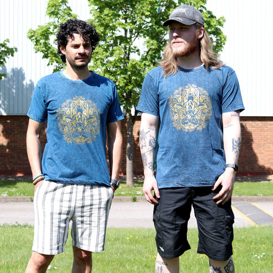 Polished XLarge Stone Washed T-Shirt - Hamsa - Blue featuring natural patterning and unique variations - Luna Panther