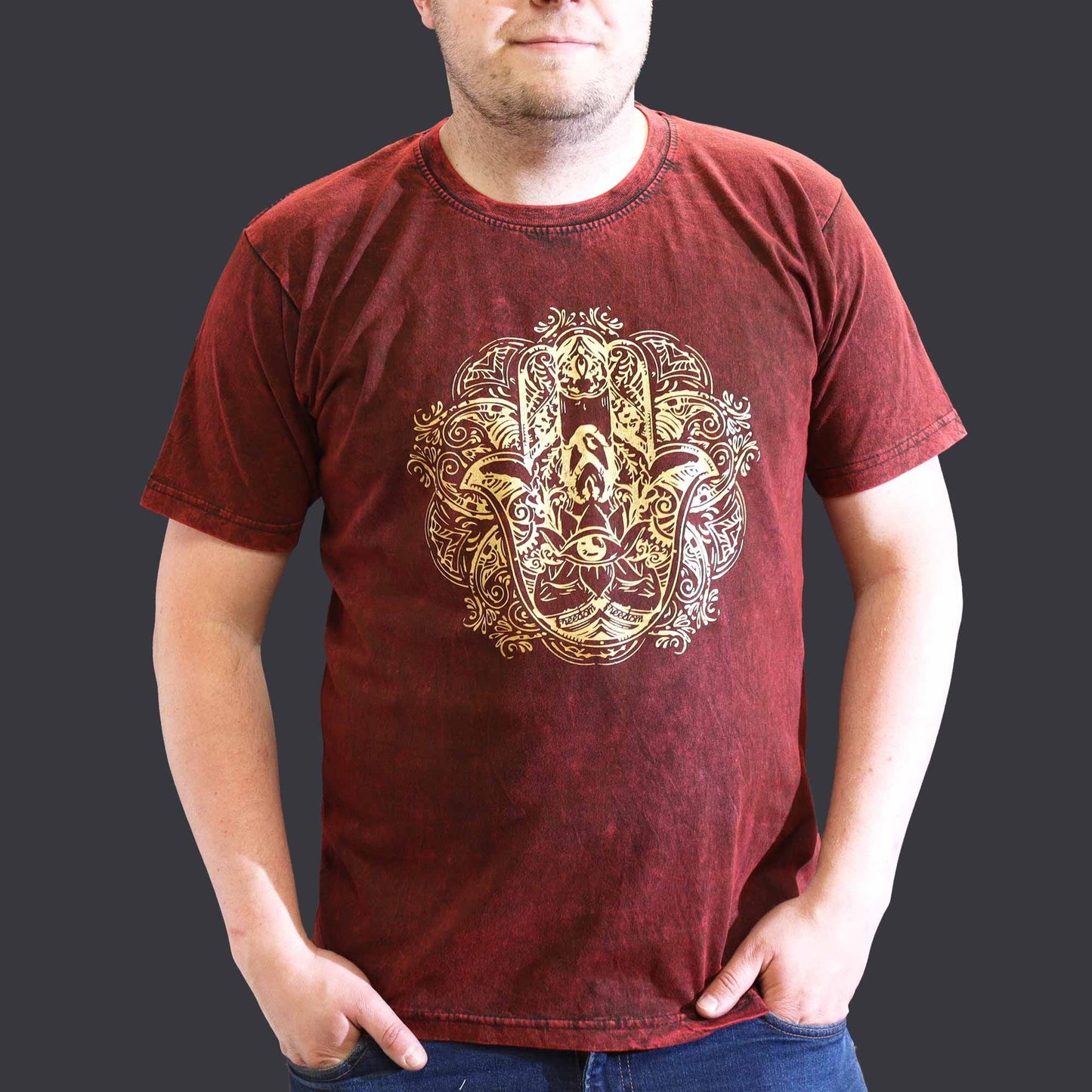 Polished XLarge Stone Washed T-Shirt - Hamsa - Maroon featuring natural patterning and unique variations - Luna Panther