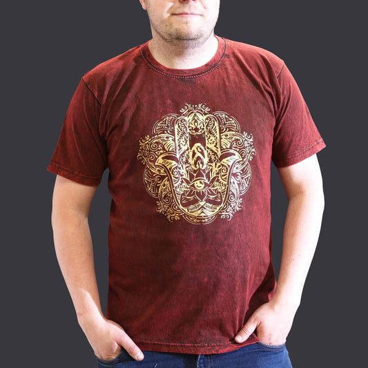 Polished XLarge Stone Washed T-Shirt - Hamsa - Maroon featuring natural patterning and unique variations - Luna Panther