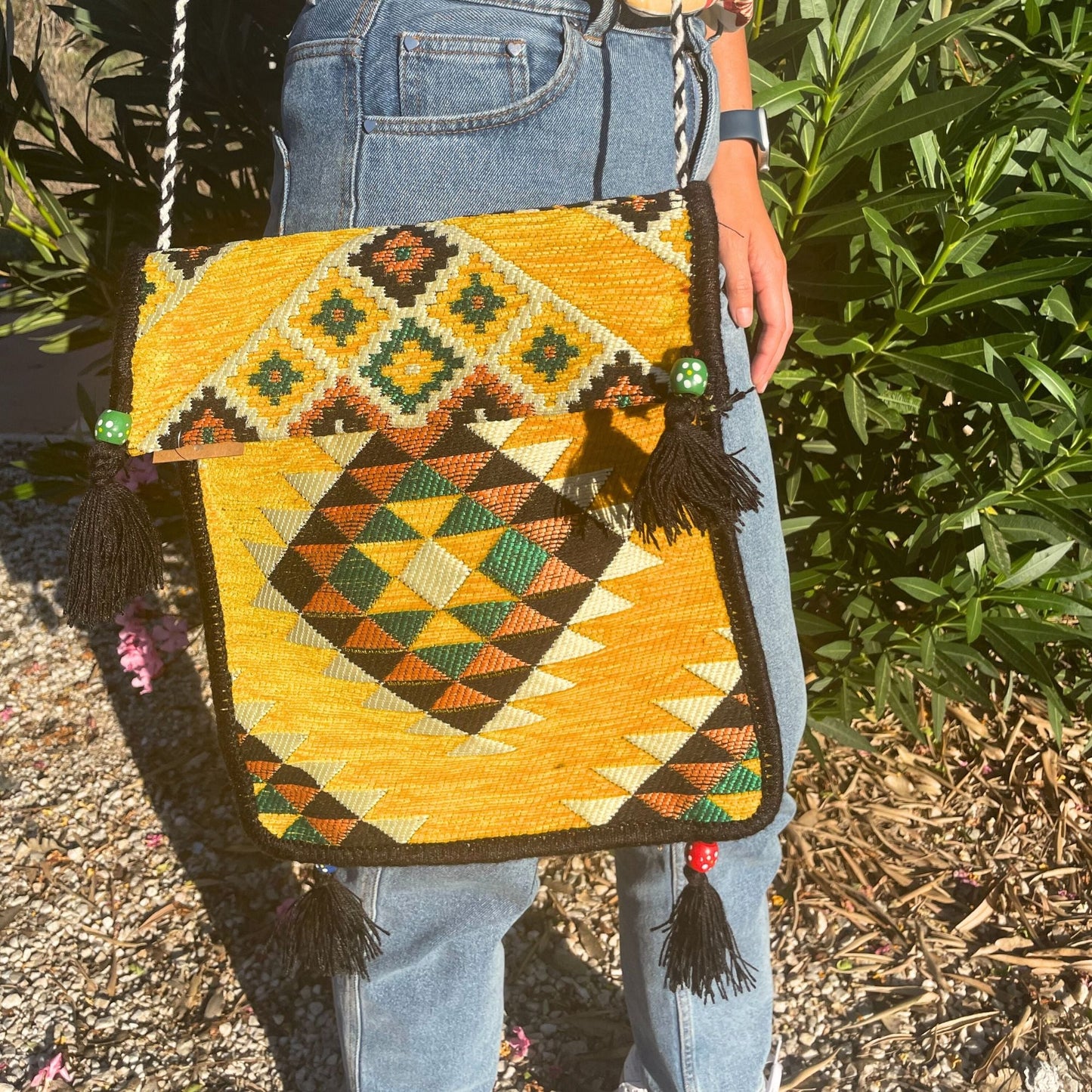 Polished Yellow Kilim Messenger Festival Bag featuring natural patterning and unique variations - Luna Panther
