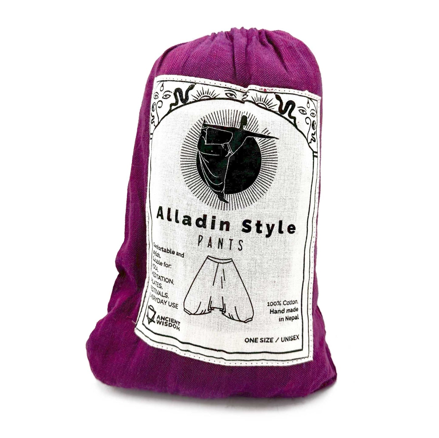 Yoga and Festival Pants - Aladdin Himalayan Print on Purple - Luna Panther