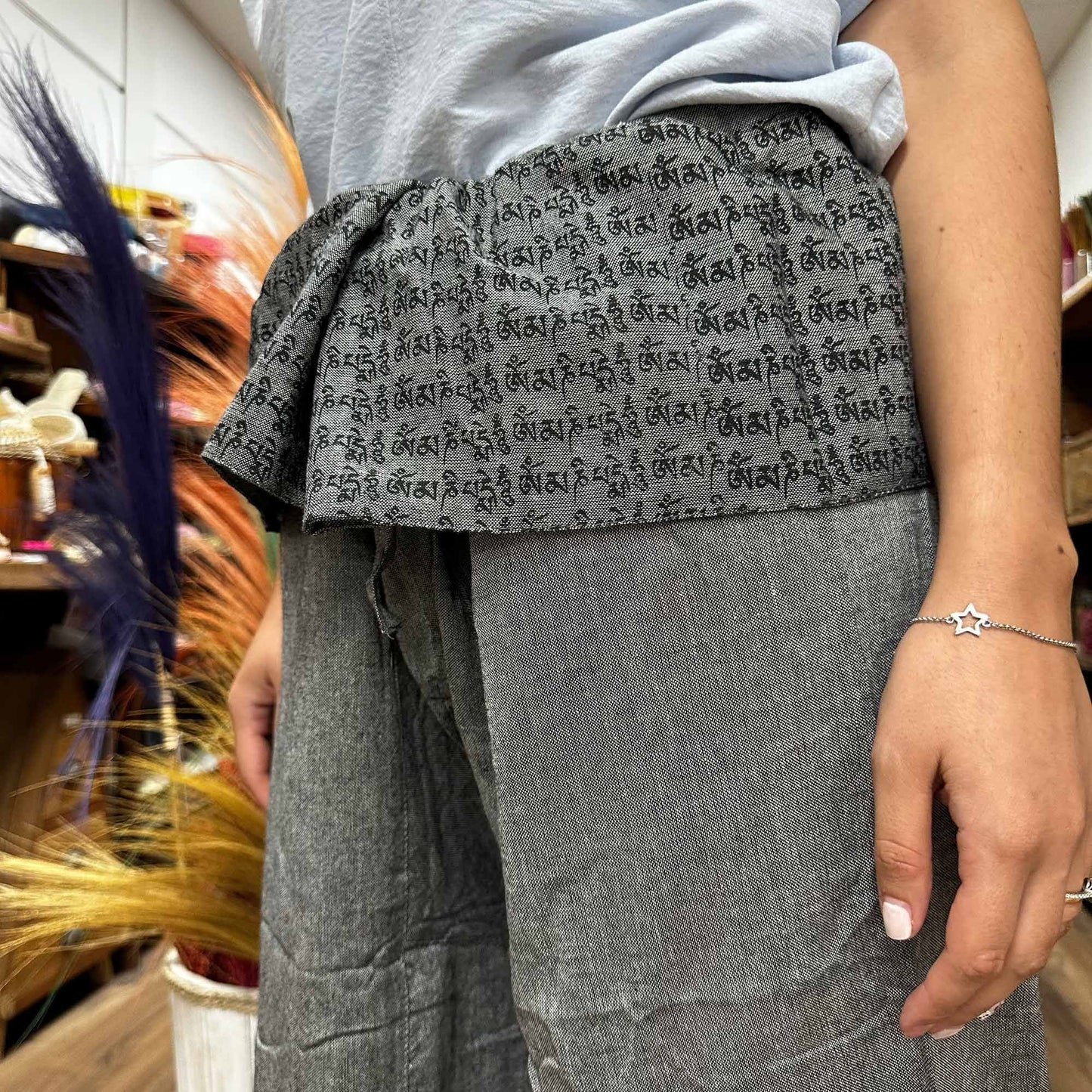 Yoga and Festival Pants - Thai Fisherman Mandala Mantra on Grey - Luna Panther