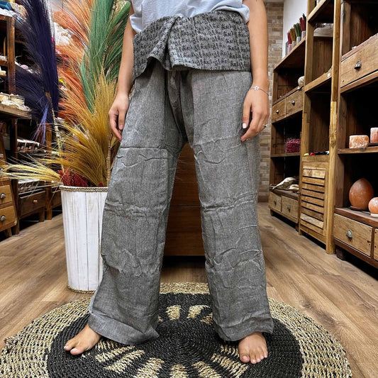Yoga and Festival Pants - Thai Fisherman Mandala Mantra on Grey - Luna Panther alternate view