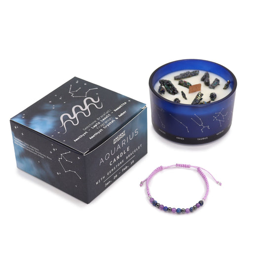 Zodiac Crystal Candle with Gemstone Bracelet - Aquarius - Luna Panther