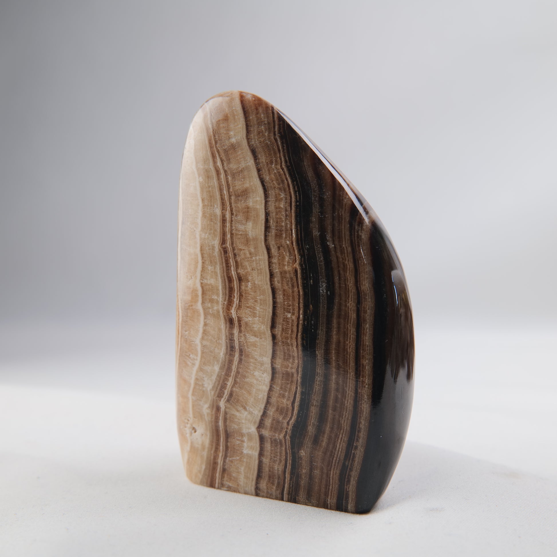 Chocolate Calcite polished freeform 360g rear three-quarter view