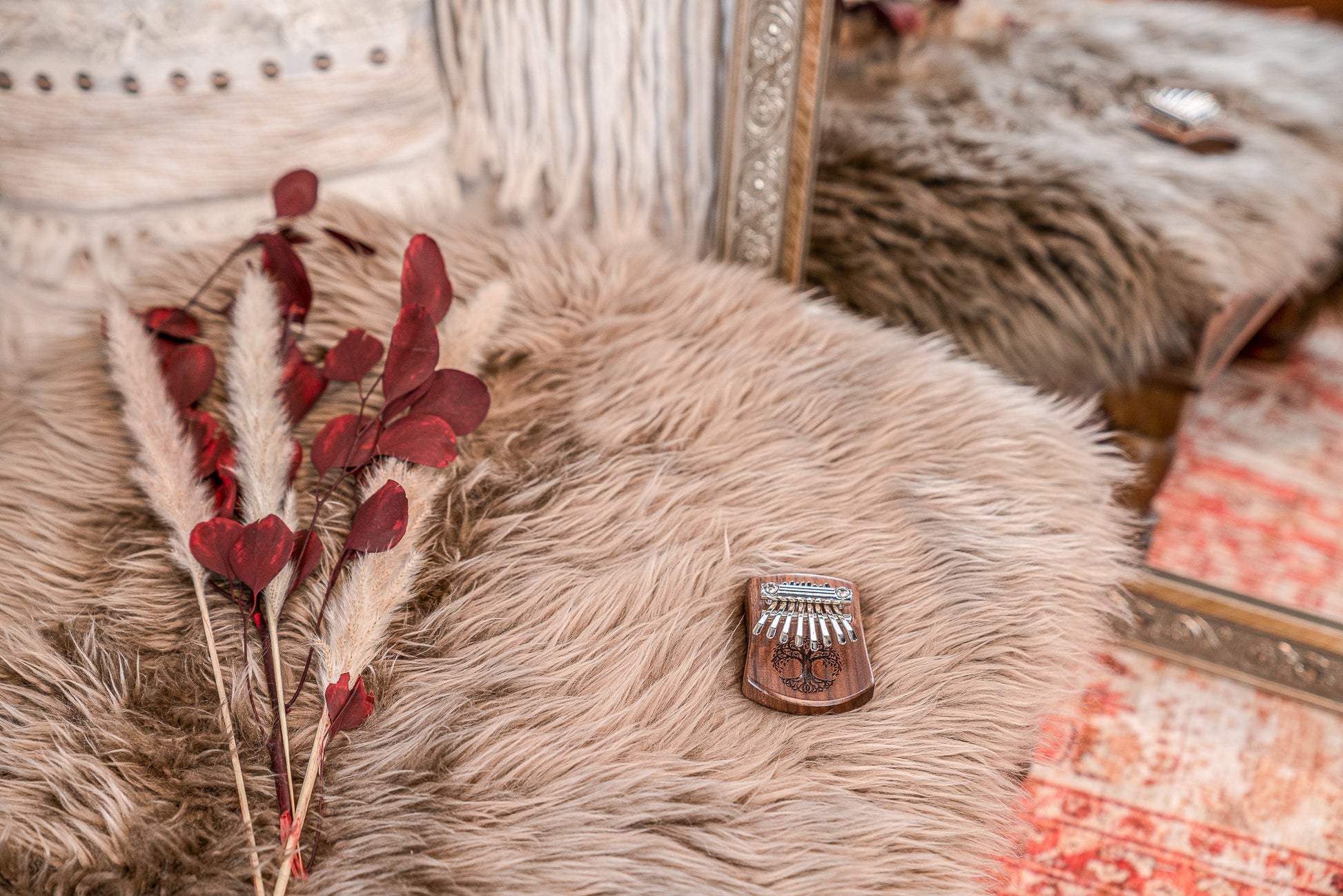 Meinl Sonic Energy Solid "Tree of Life" Mini Kalimba - 8 notes, black walnut detail view 3 at Luna Panther