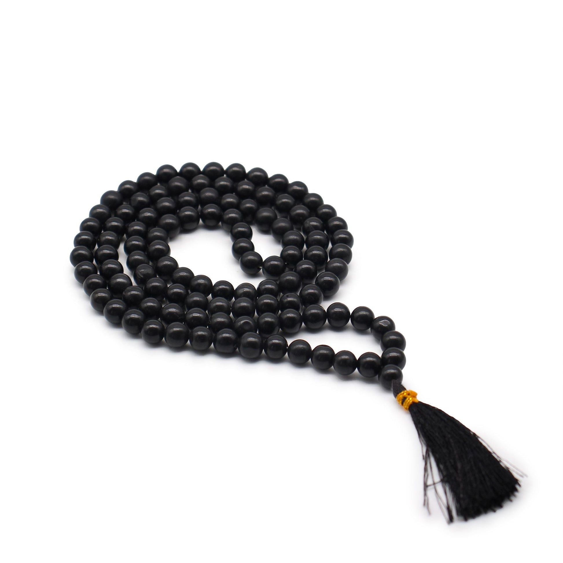Polished 108 Bead Mala - Black Agate featuring banded patterns and glossy finish - Luna Panther