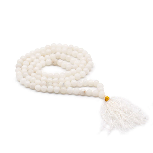 Polished 108 Bead Mala - White Quartz featuring natural patterning and unique variations - Luna Panther