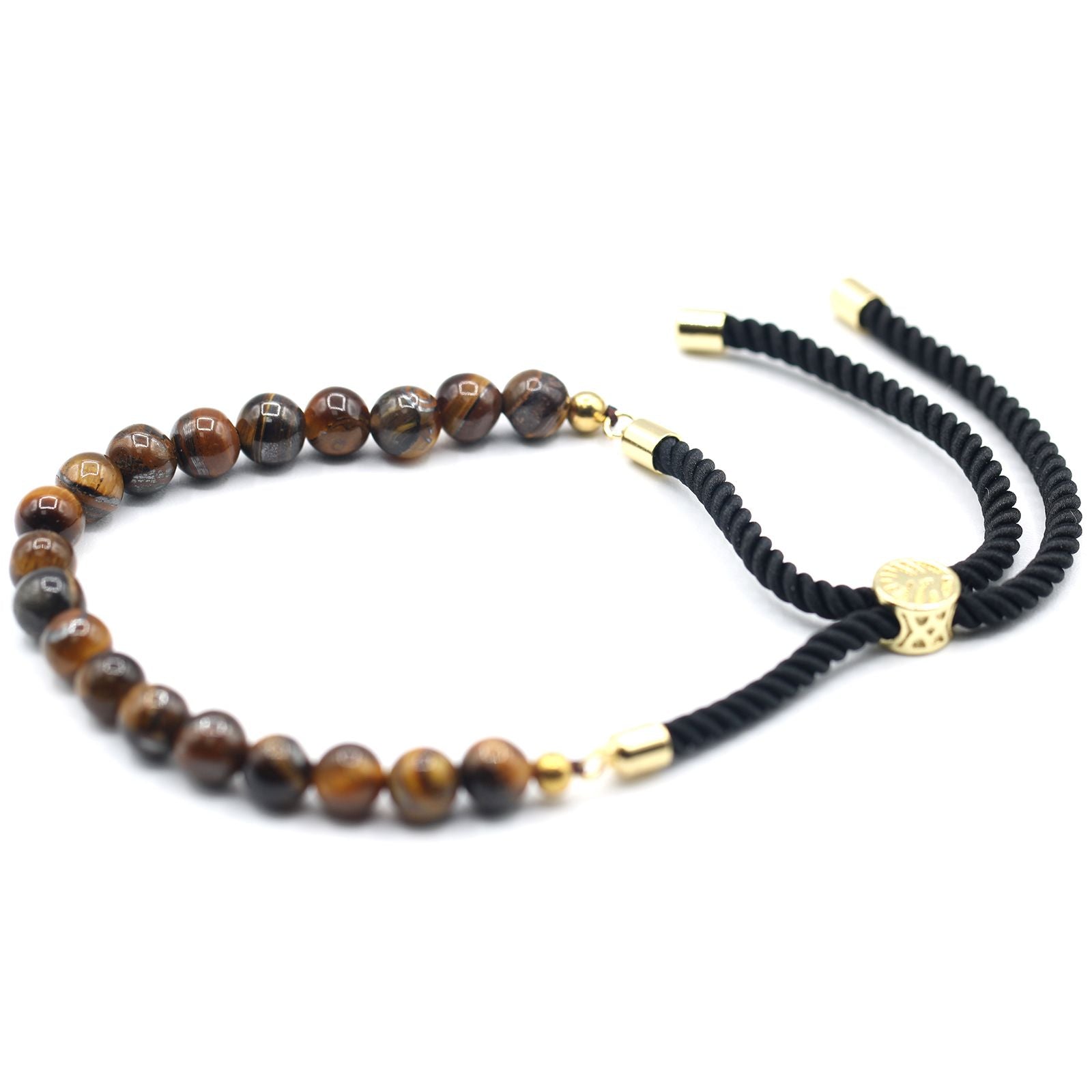 Polished 18K Gold Plated Gemstone Black String Bracelet - Tiger Eye featuring natural patterning and unique variations - Luna Panther