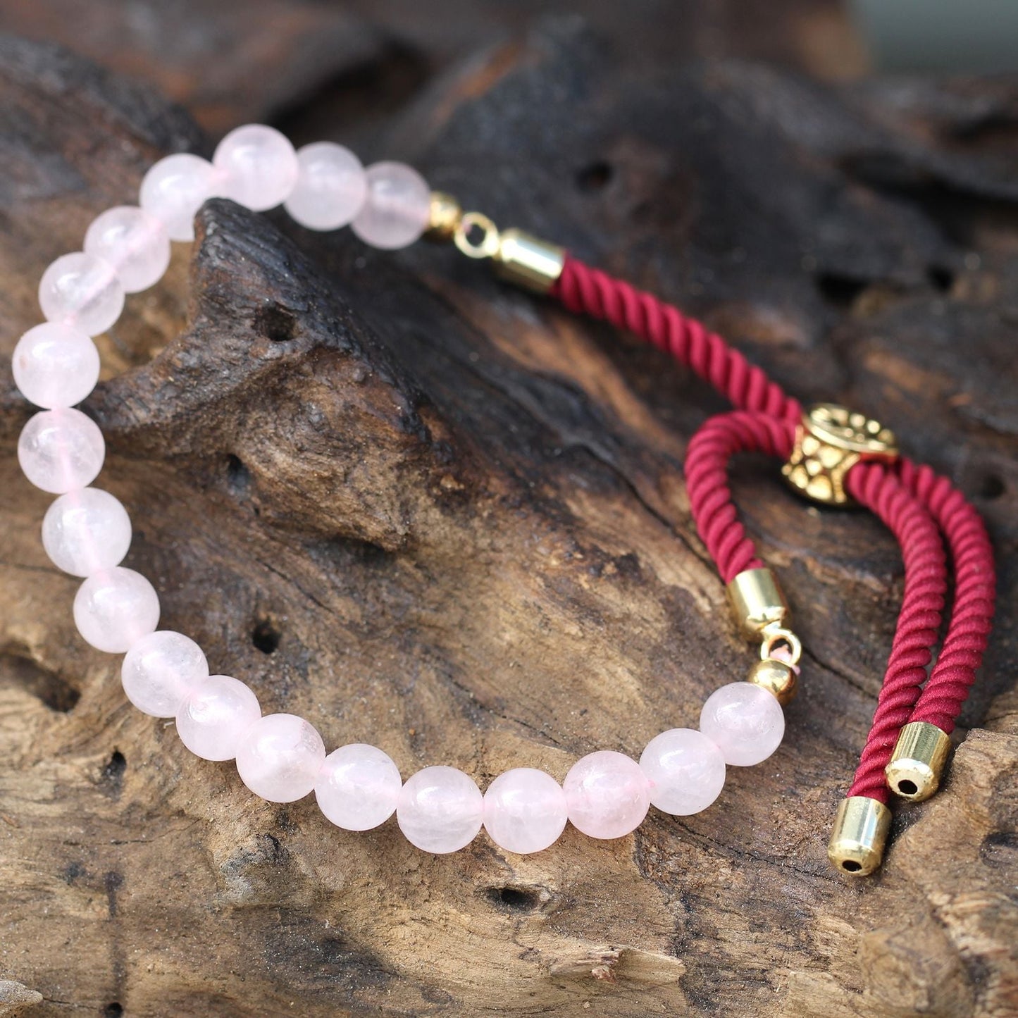 18K Gold Plated Gemstone Bordeaux String Bracelet - Rose Quartz - Luna Panther