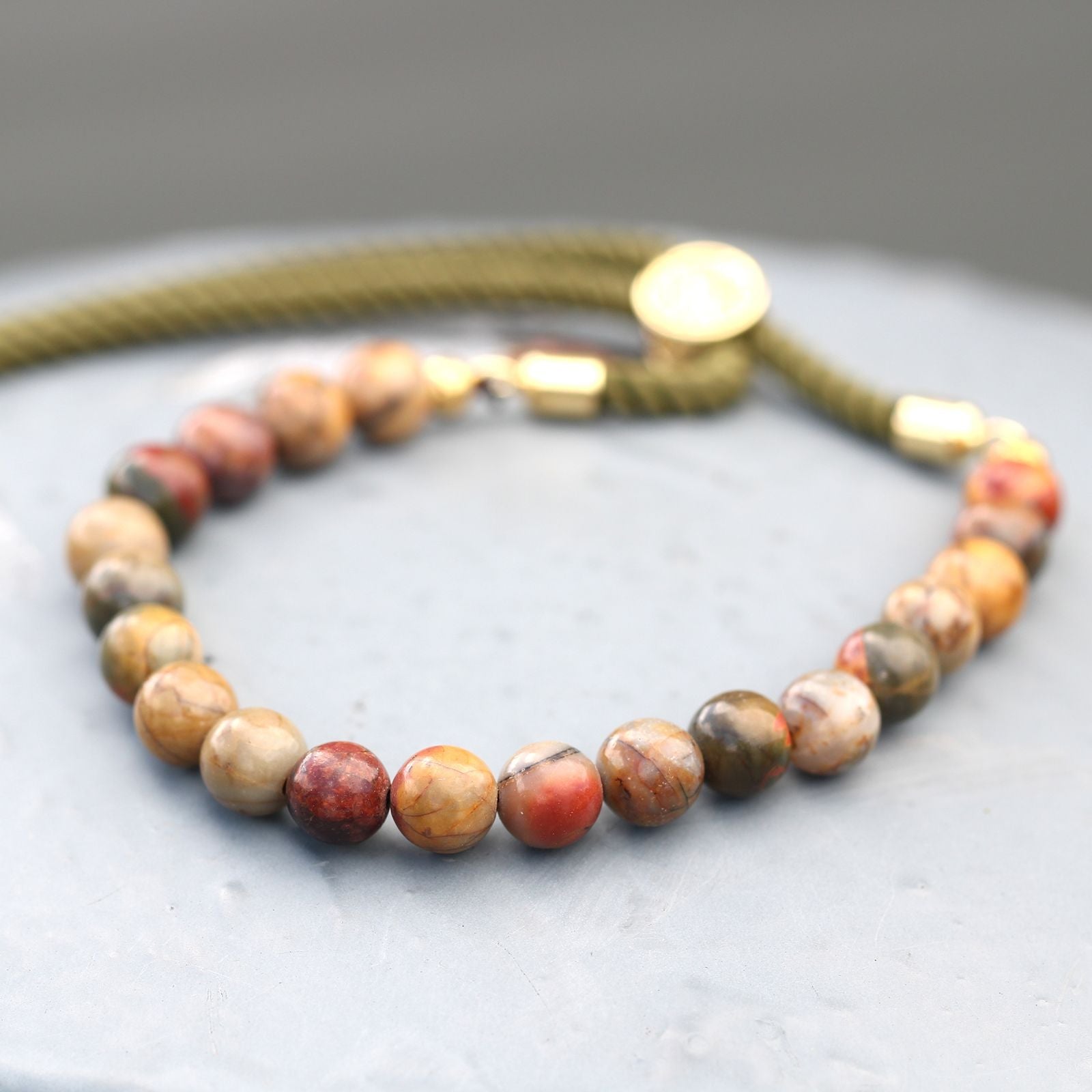 18K Gold Plated Gemstone Moss String Bracelet - Picasso Jasper - Luna Panther