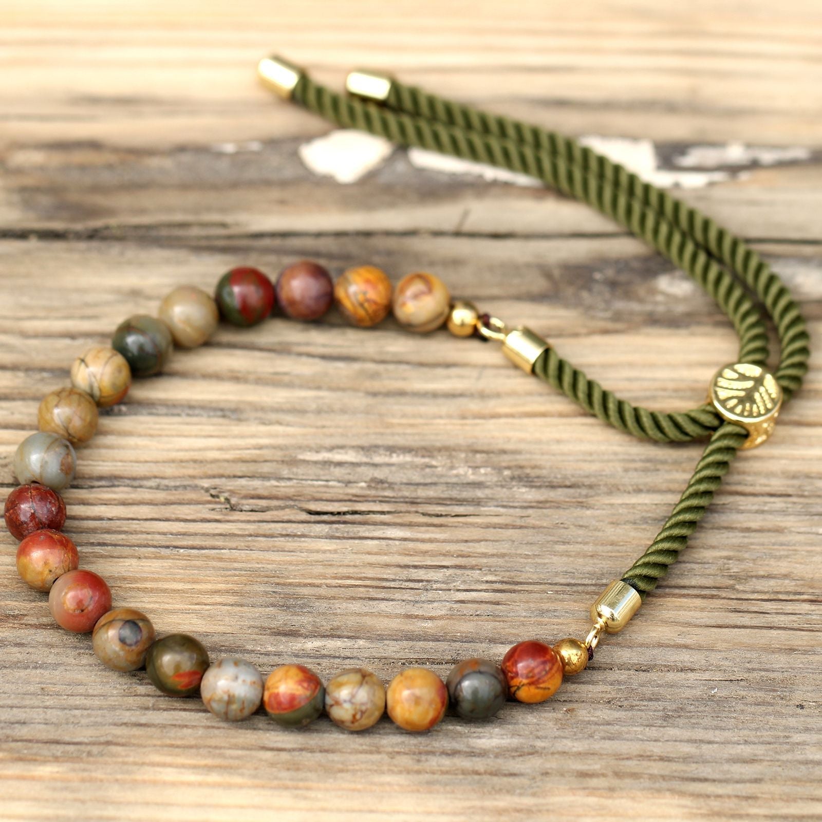 18K Gold Plated Gemstone Moss String Bracelet - Picasso Jasper - Luna Panther