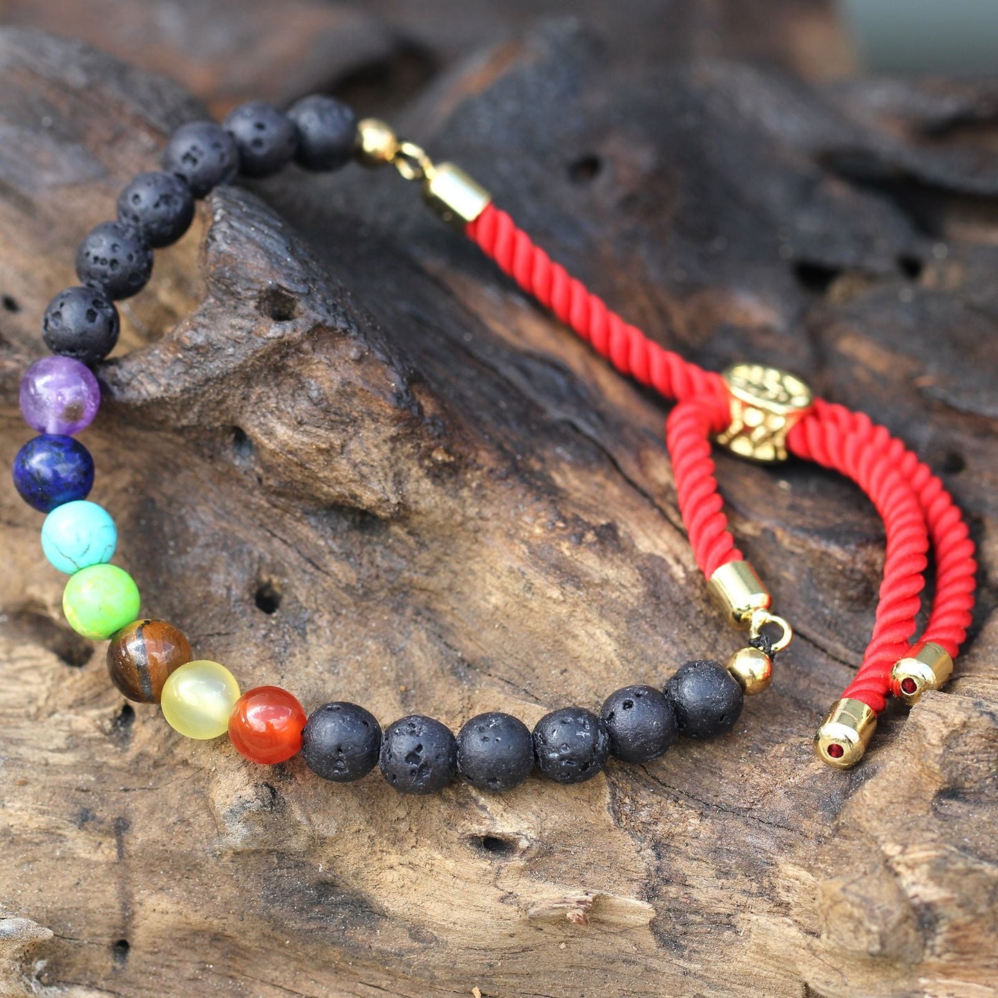 18K Gold Plated Gemstone Royal String Bracelet - Lava Stone Chakra - Luna Panther