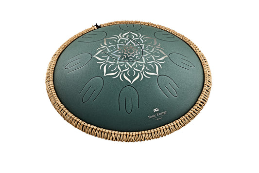 MEINL Sonic Energy Octave Steel Tongue Drum 16" - F Major/9 Notes/432 Hz - Dark Green, Engraved floral design at Luna Panther