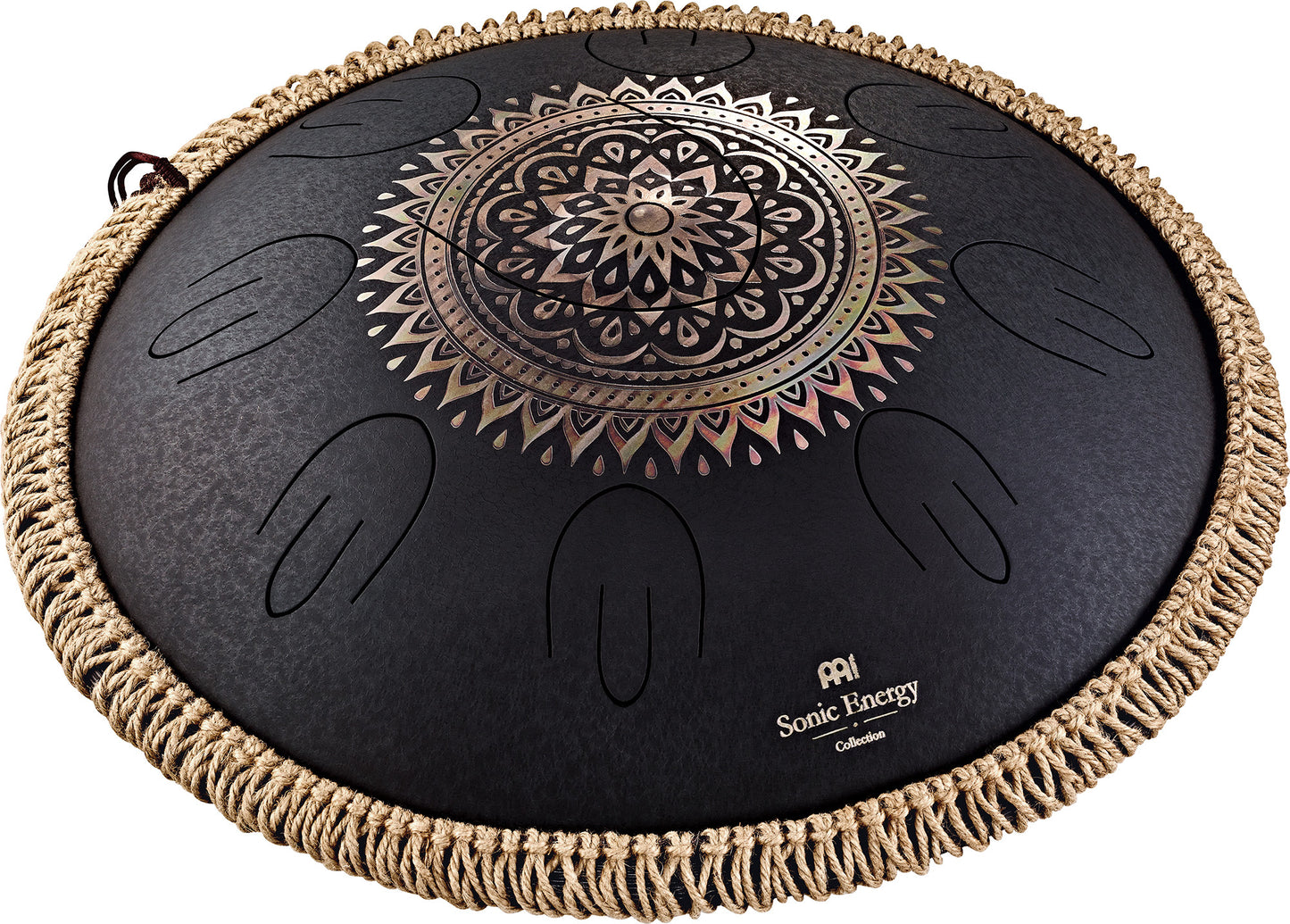 MEINL Sonic Energy Octave Steel Tongue Drum 16" - D Kurd/9 Notes/440 Hz - Lasered Floral Design/Black at Luna Panther