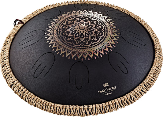 MEINL Sonic Energy Octave Steel Tongue Drum 16" - D Kurd/9 Notes/440 Hz - Lasered Floral Design/Black at Luna Panther