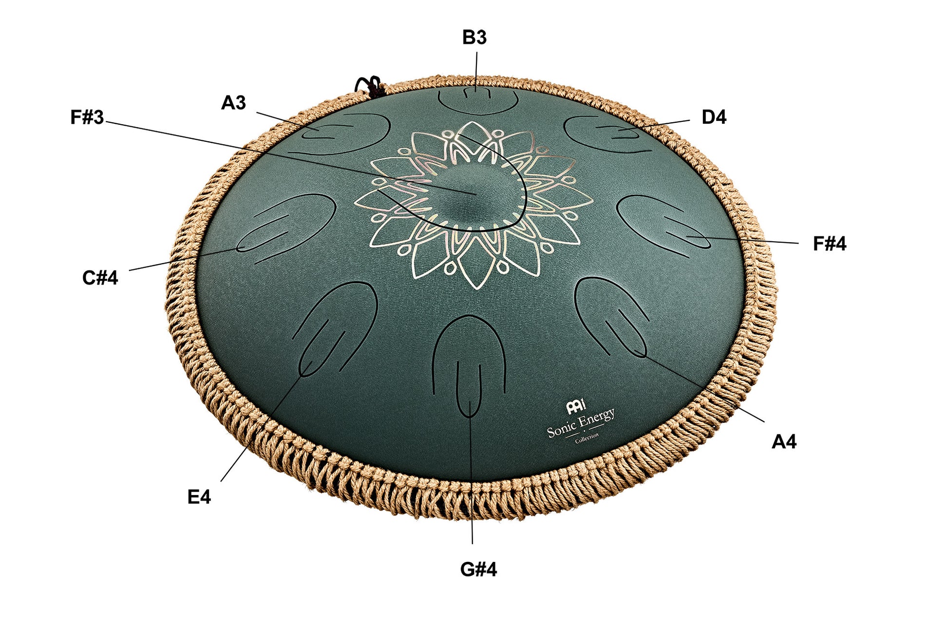 MEINL Sonic Energy Octave Steel Tongue Drum 16" - F# Minor/9 Notes>/432 Hz - Dark Green, Engrav detail view 5 at Luna Panther