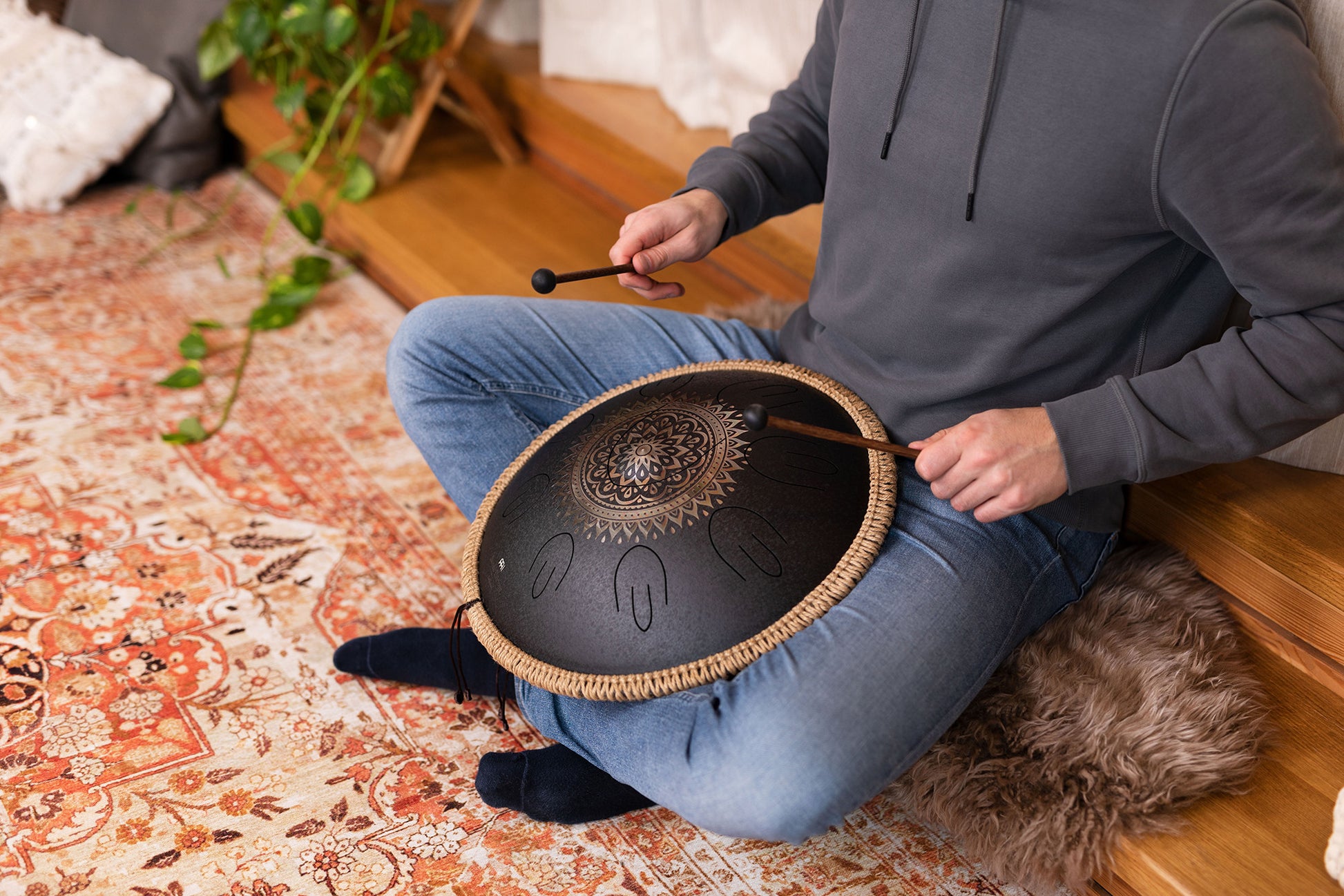 MEINL Sonic Energy Octave Steel Tongue Drum 16" - D Kurd/9 Notes/440 Hz - Lasered Floral Design detail view 3 at Luna Panther