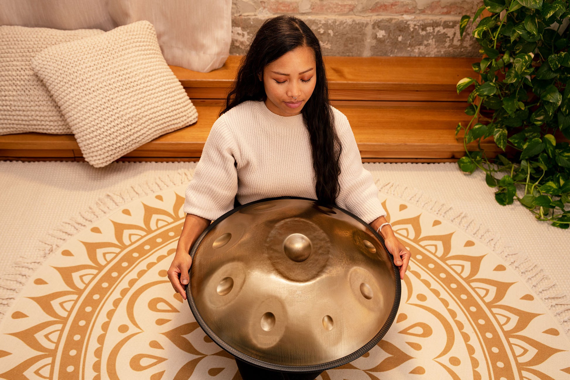 MEINL Sonic Energy Sensory Handpan Stainless Steel C# Minor 9 Notes 432 Hz - Vintage Gold detail view 3 at Luna Panther