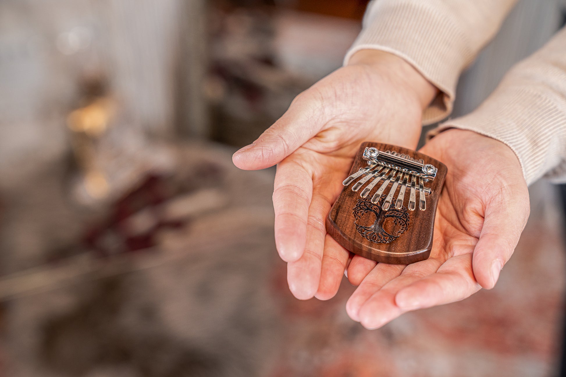 Meinl Sonic Energy Solid "Tree of Life" Mini Kalimba - 8 notes, black walnut detail view 4 at Luna Panther