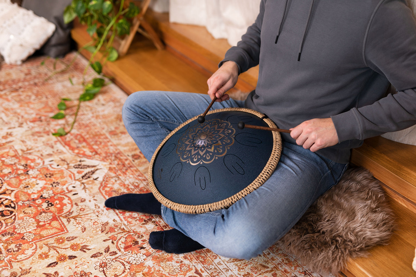 MEINL Sonic Energy Octave Steel Tongue Drum 16" - D Amara/9 Notes/440 Hz - Lasered Floral Desig detail view 2 at Luna Panther