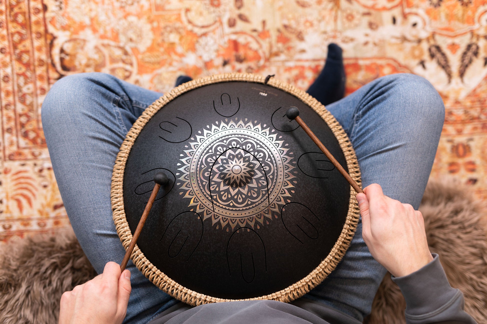 MEINL Sonic Energy Octave Steel Tongue Drum 16" - D Kurd/9 Notes/440 Hz - Lasered Floral Design detail view 5 at Luna Panther