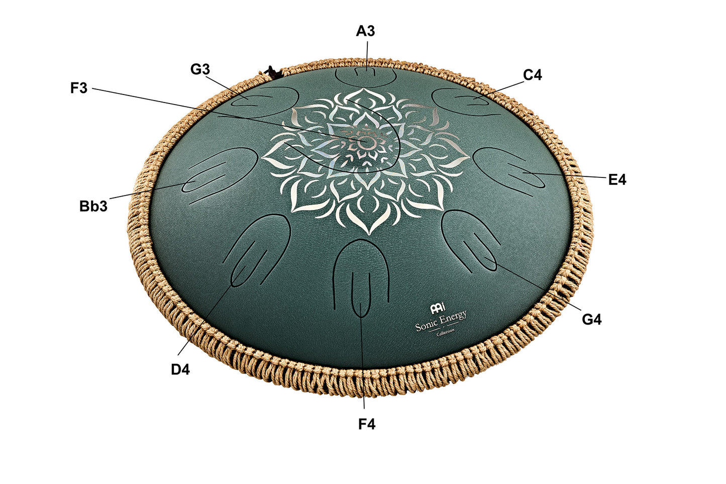 MEINL Sonic Energy Octave Steel Tongue Drum 16" - F Major/9 Notes/432 Hz - Dark Green, Engraved detail view 5 at Luna Panther