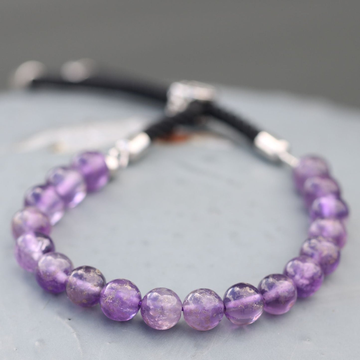 925 Silver Plated Gemstone Black String Bracelet - Amethyst - Luna Panther