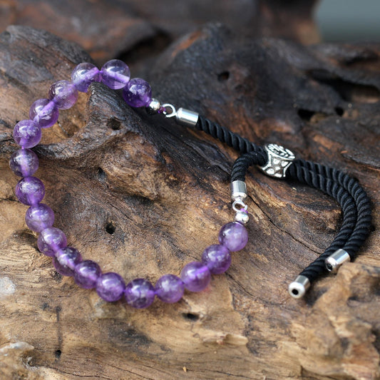 925 Silver Plated Gemstone Black String Bracelet - Amethyst - Luna Panther alternate view