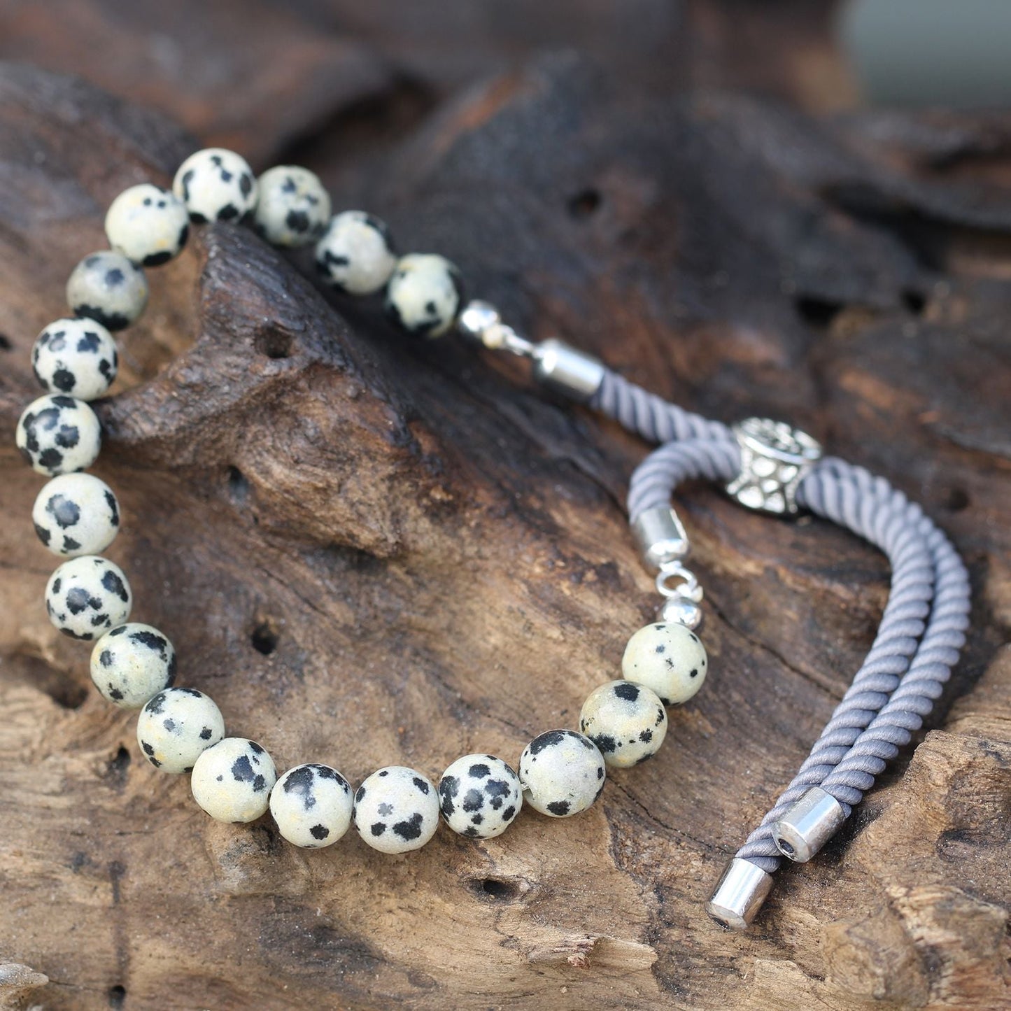 925 Silver Plated Gemstone Charcoal String Bracelet - Dalmatian Jasper - Luna Panther