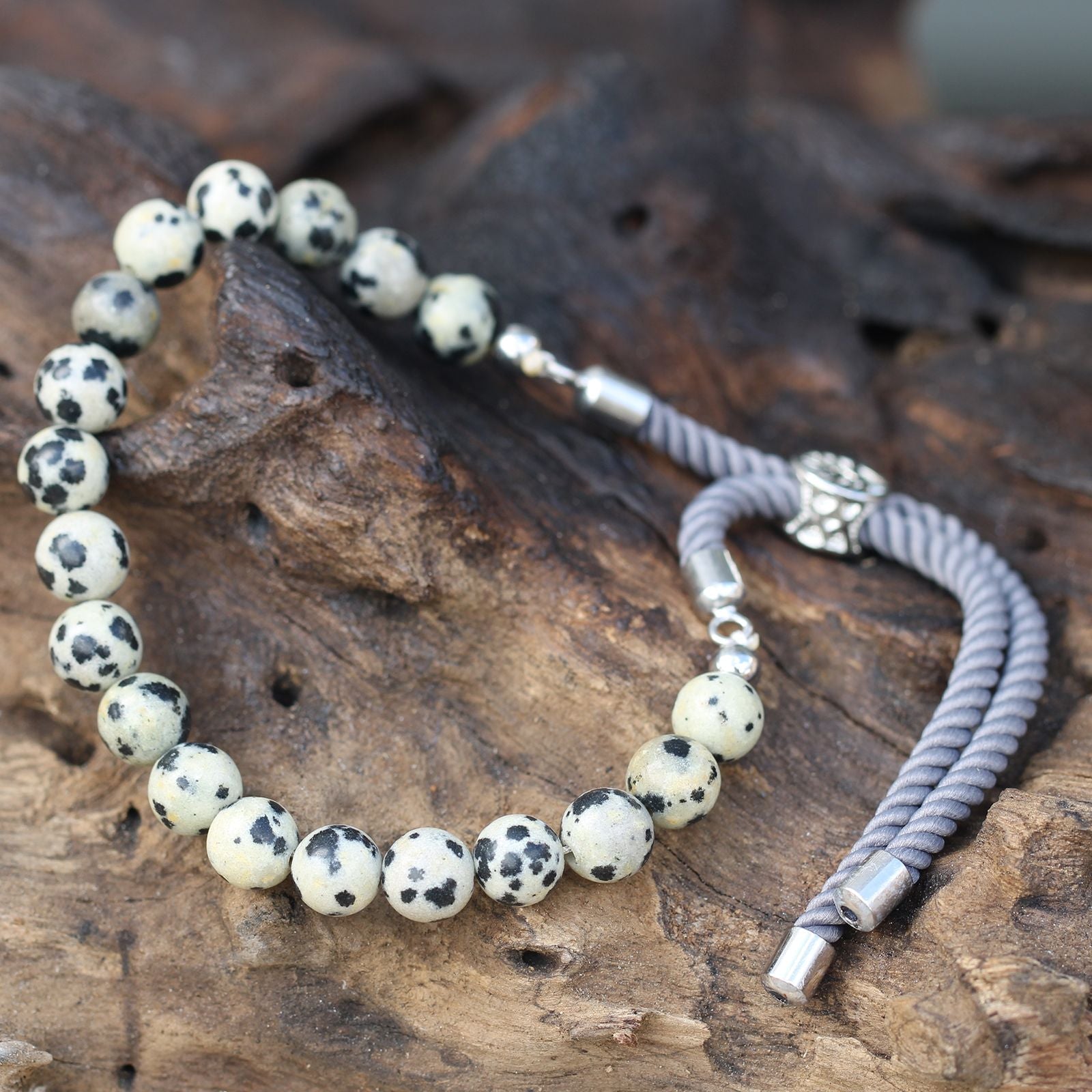 925 Silver Plated Gemstone Charcoal String Bracelet - Dalmatian Jasper - Luna Panther