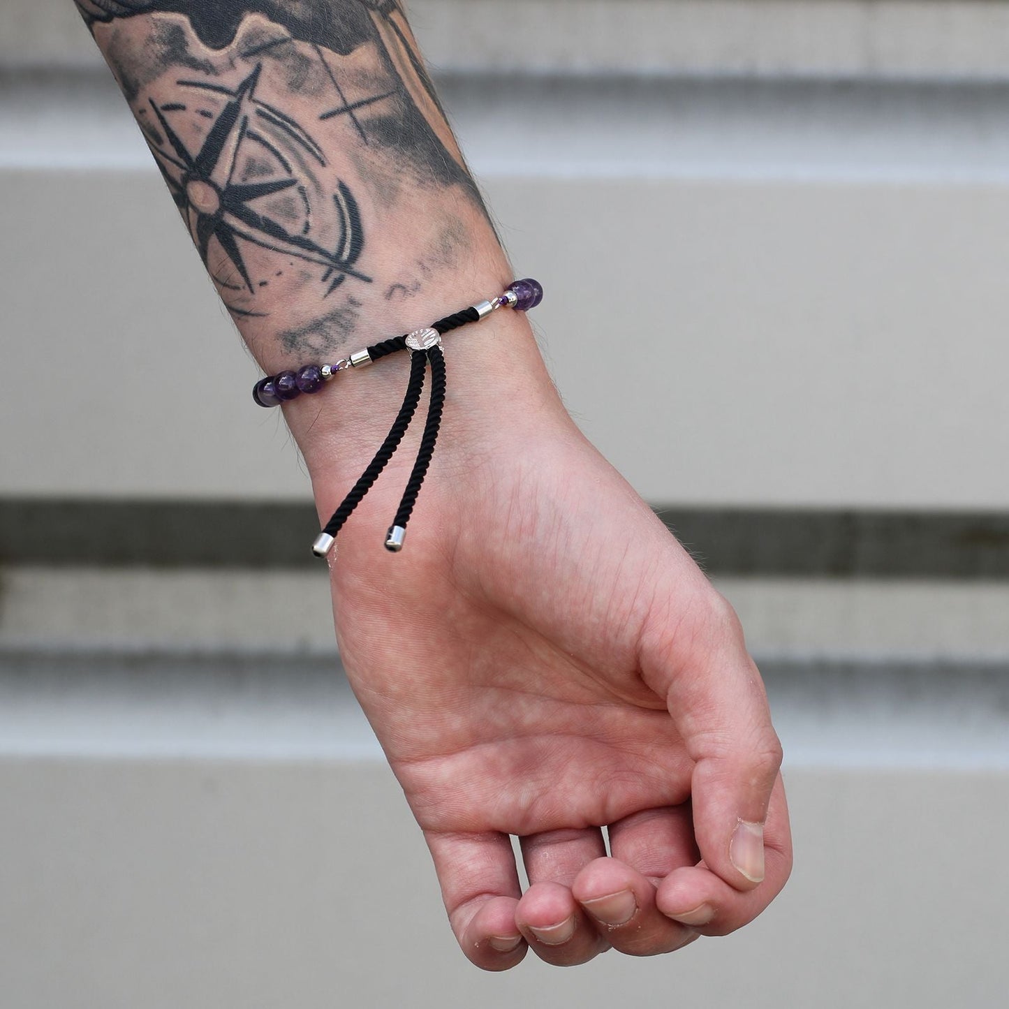 925 Silver Plated Gemstone Charcoal String Bracelet - Dalmatian Jasper - Luna Panther